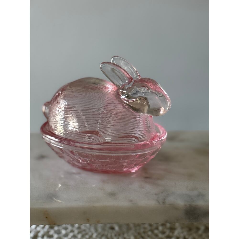 Vintage Indiana Glass Pink Bunny Covered Candy Dish Easter Decor